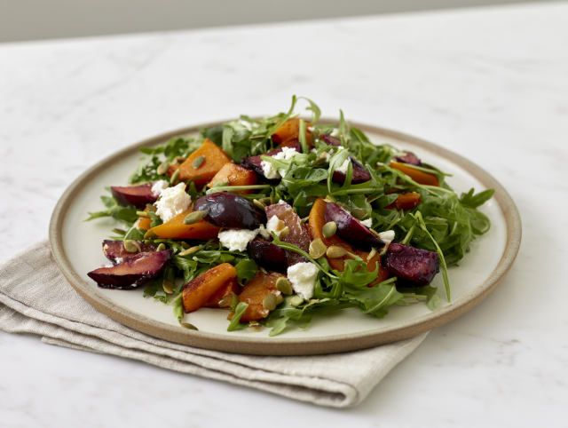 Warme salade met geroosterde pompoen, pruimen en geitenkaas
