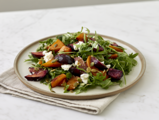 Insalata tiepida con zucca arrosto, prugne e formaggio di capra