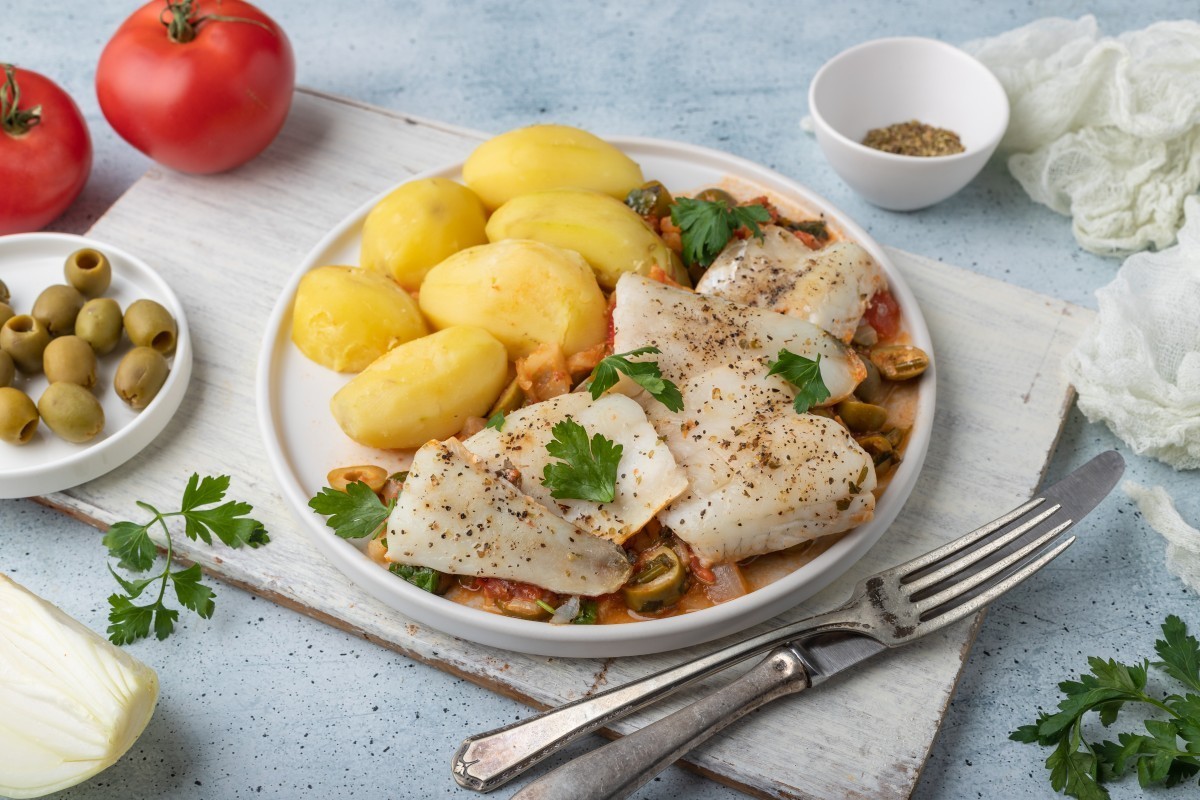 Italian style cod in wine with olives